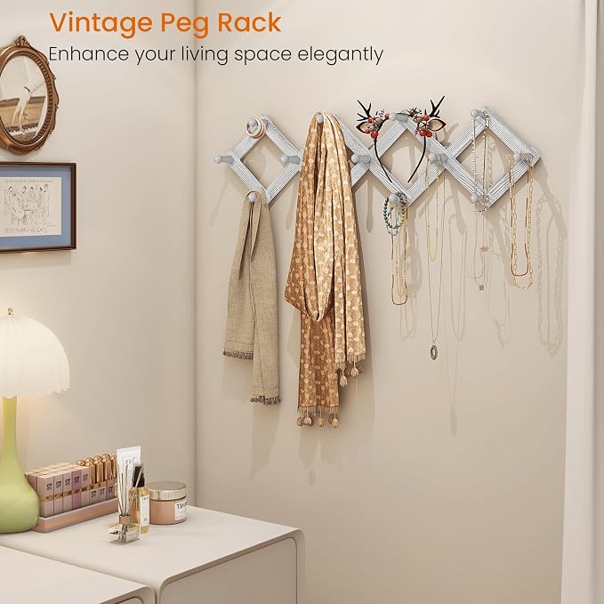 Homode Accordian Wall Hanger, Expandable Coat Rack Wall Mounted, Accordion Style Wood Hat Rack with 13 Peg Hooks for Hanging Coats, Hats, Mugs, Bags, Purses, Necklaces, Rustic White