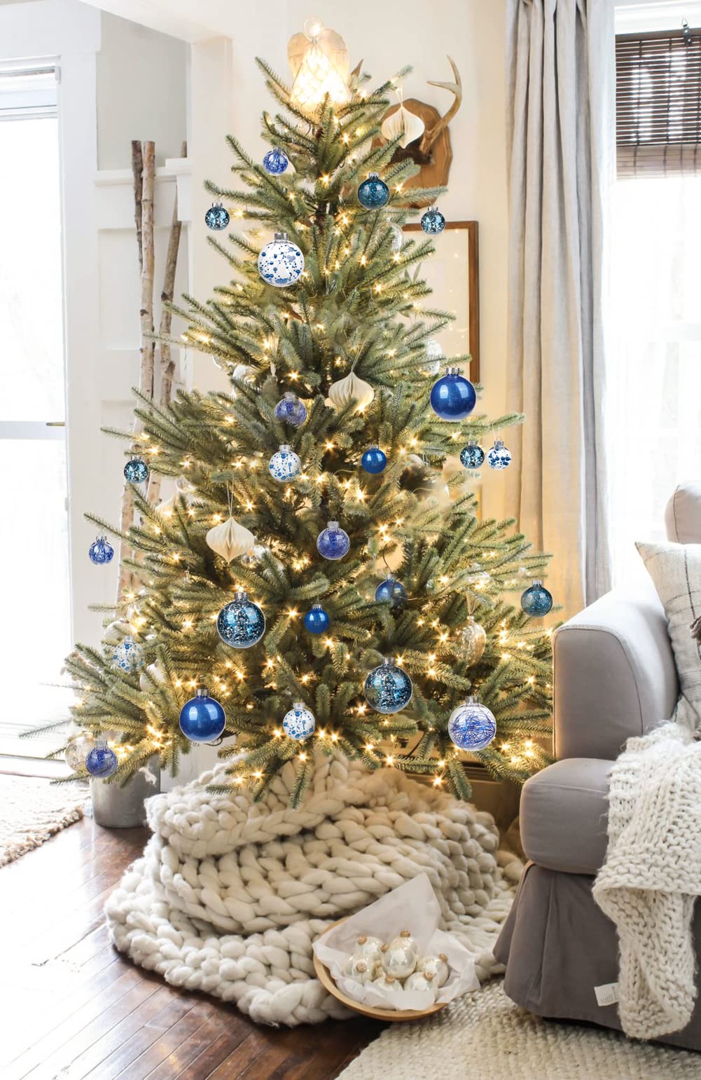 Briful 80mm/3.15" Shatterproof Clear Plastic Christmas Ball Ornaments Decorative Transparent Xmas Balls Baubles Set with Stuffed Delicate Decor Hanging Christmas Tree Ornaments(12 Counts, Blue)