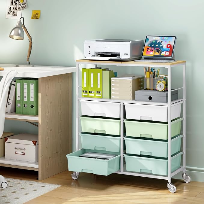 Rolling cart with 8 drawers,Storage drawer cart with wooden tabletop,Lockable wheels organizer for homeschool, arts & crafts, classroom, office & creative spaces (Green)
