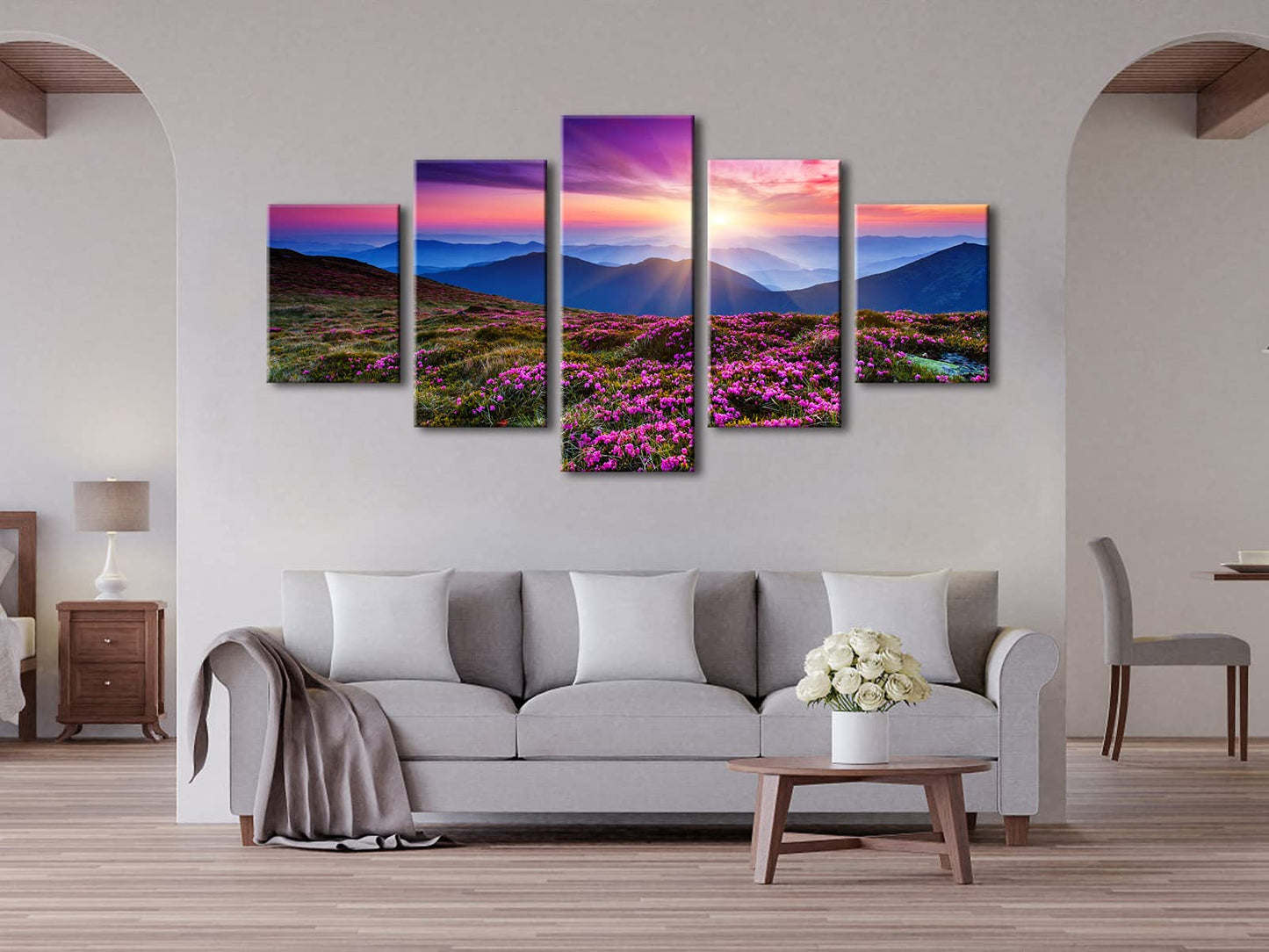 Wieco Art 5 Piece Giclee Canvas Prints Wall Art Large Modern Gallery Wrapped Mountains in Sunrise Artwork Purple Landscape Pictures Paintings Ready to Hang for Bedroom Dining Room Decorations L
