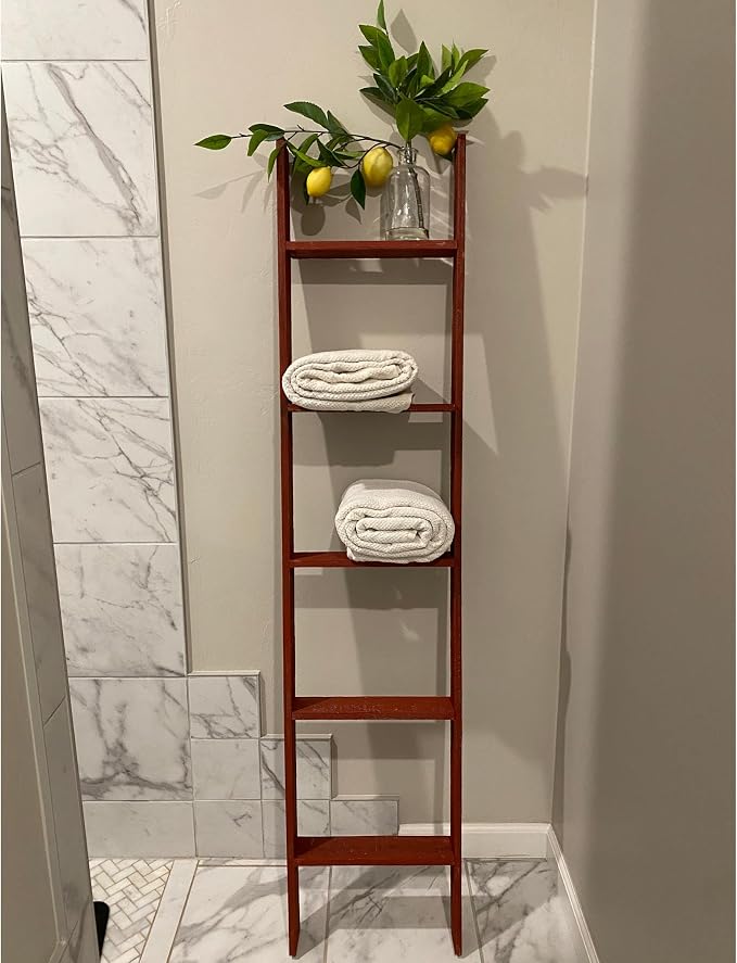 BARNWOODUSA Throw Blanket Ladder – Fully Assembled Reclaimed Wood – Rustic Decorative Ladder for Towels, Quilts, & More – Perfect Farmhouse Decor for Bathroom, Porch, or Living Room,5-Foot Red