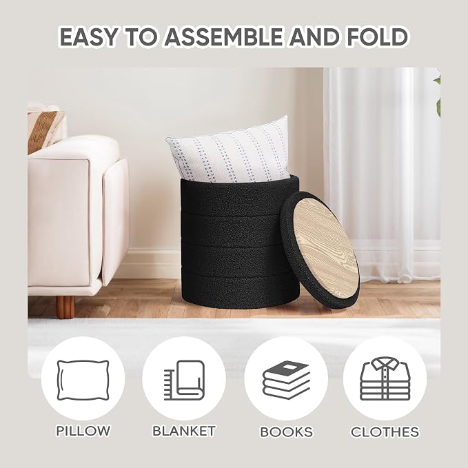 PINPLUS Round Storage Ottoman Foot Rest Stool with Tray Velvet Sherpa Folding Storage Ottoman,Boucle Foot Rest for Living Room, Bedroom, Dorm（Black）