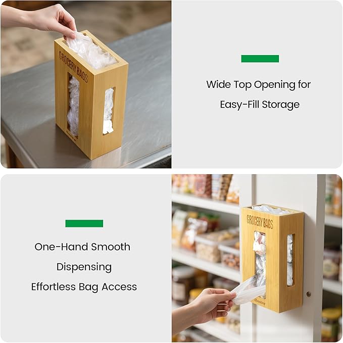 Libreshine Extra Large Bamboo Grocery Bag Holder for Plastic Bags, Under Sink Cabinet or Wall Mounted Organizer, Space-Saving Bag Dispenser for Kitchen, Pantry, Laundry Room, Garage