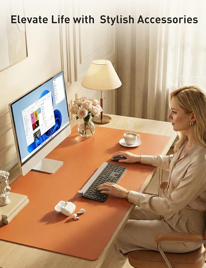 Aothia Faux Leather Desk Mat - Non-Slip PU Leather Desk Blotter, Waterproof Writing Surface, Large Desk Pad for Office & Home (Hermes Orange, 55" x 24")