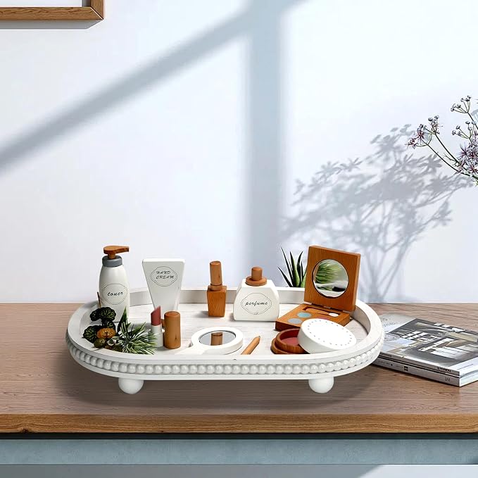 SYNCVIBE Wooden Decorative Tray for Home Decor, Beaded White Oval Tray Decor for Coffee Table, Rustic Wood Serving Trays Farmhouse Centerpieces for Living Room Kitchen Counter (White Oval)