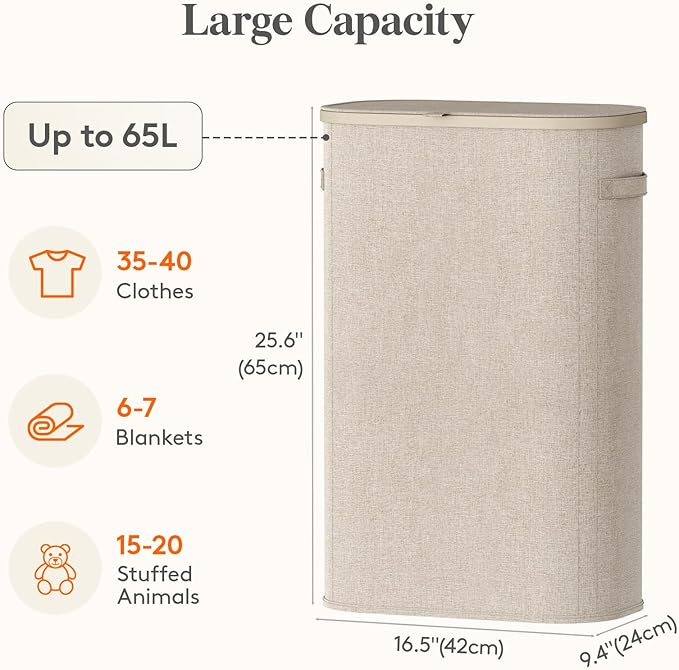 Lifewit Slim Laundry Basket with Lid, Narrow Laundry Hamper with Plastic Handles and Removable Bag, Tall Foldable Dirty Clothes Hampers for Laundry Room, Bedroom, Bathroom, Dorm, 65L Beige