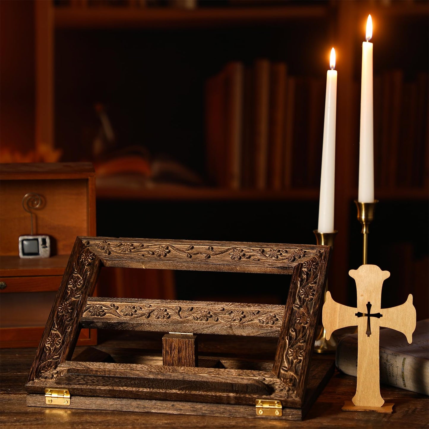 DoubleFill Adjustable Wooden Bible Stand Carved Bible Holder Missal Stand Book Display for Reading Folding Religious Prayer Wooden Holy Book Holder 12.99 x 10.04 Inches(Dark Brown)