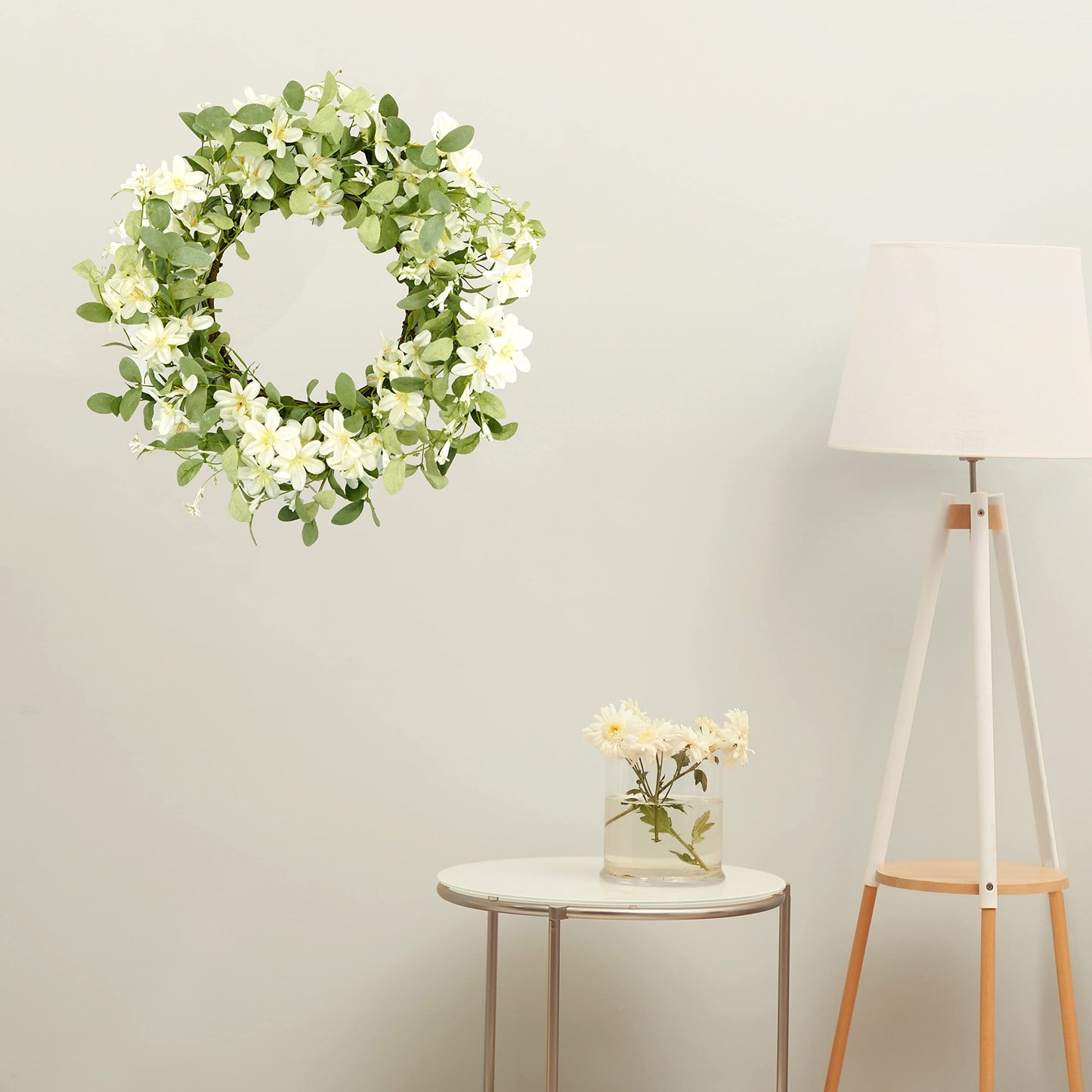 WreathDream 18'' Spring Wreath Summer Wreath for Front Door with Green Eucalyptus Leaves and White Cherry Blossoms for Home Outdoor Farmhouse Porch Wall Decoration, White Gift Box Included