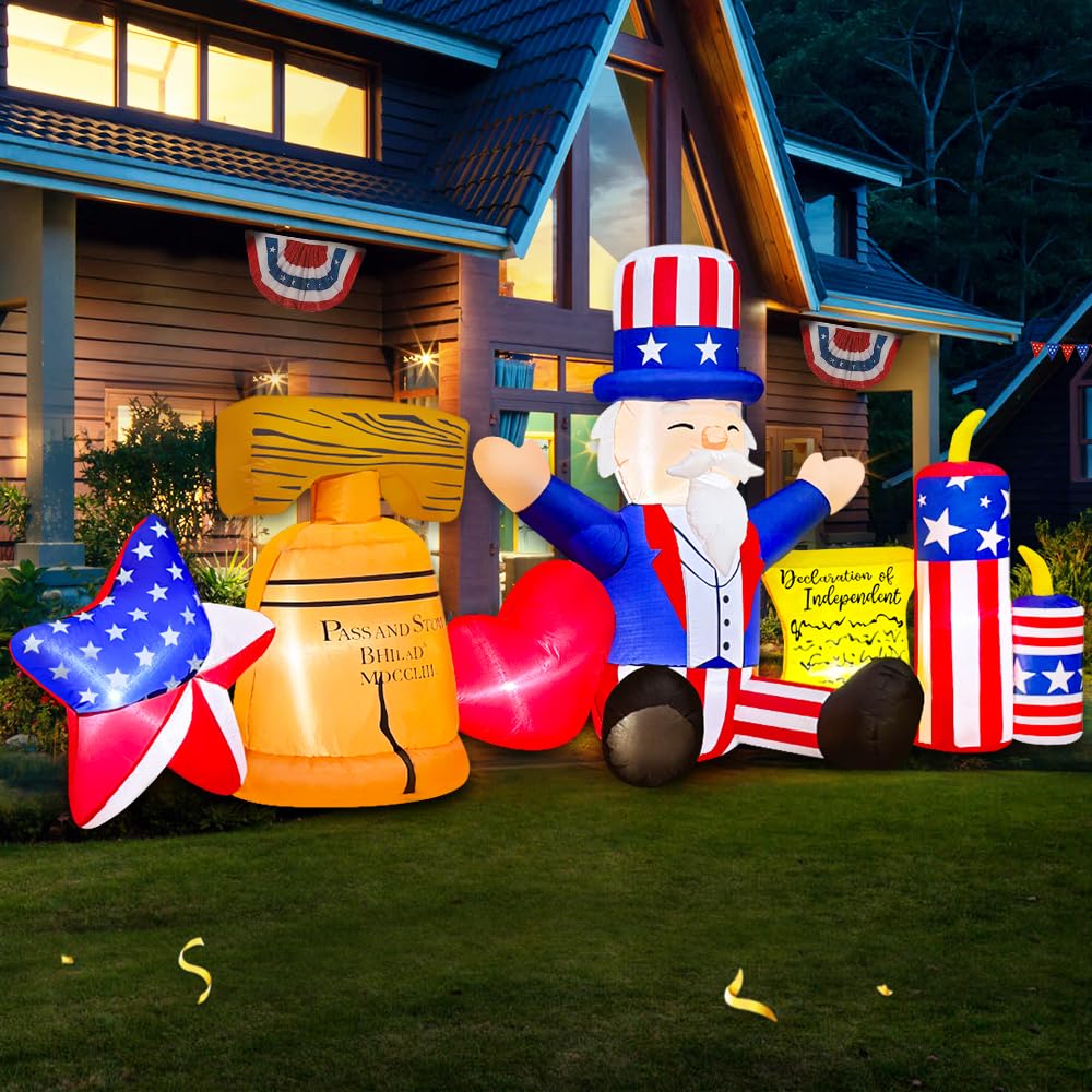 8FT Patriotic Independence Day 4th of July Inflatables Outdoor Decoration, Inflatable Uncle Sam Comboine, Built in LED Lights Blow up Fourth of July Decor for Holiday Party Garden Yard Lawn