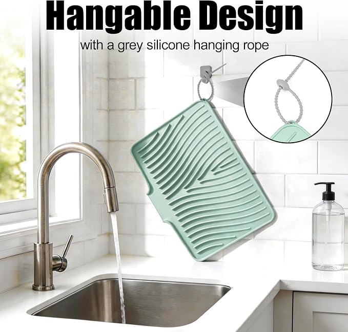 TIKNIK Silicone Dish Drying Mat for Kitchen Counter - Heat Resistant & Non-Slip Dish Drain Pad with Built-In Drain, Dishwasher Safe, Quick-Dry, Hangable & Roll-Up for Storage, Mint-1pcs, 16" x 12"