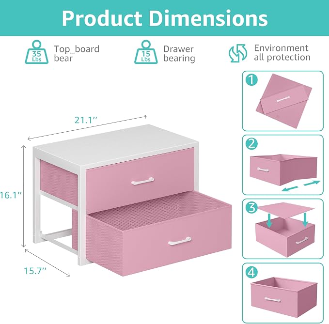 BOLUO Stackable Storage Drawers Closet Organizers and Storage Fabric White 2 Drawer Dresser for Bedroom Modern Pink