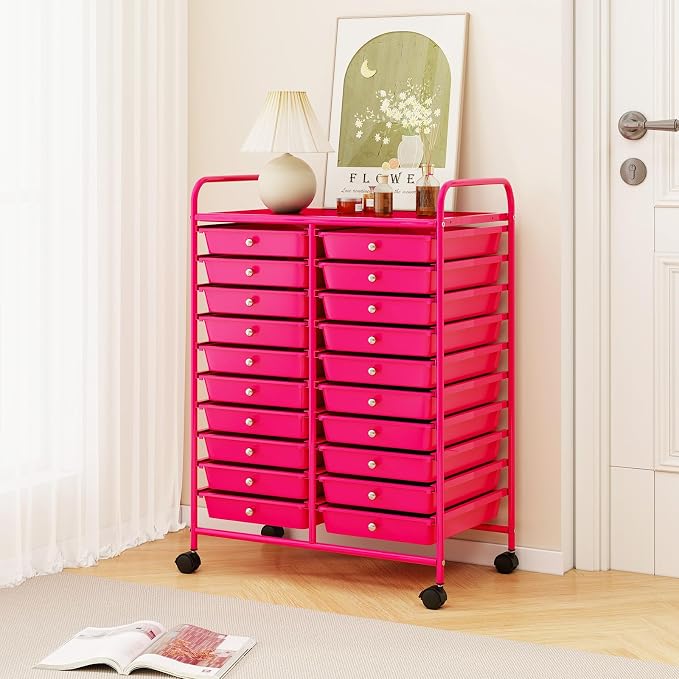 COSTWAY 20-Drawer Rolling Storage Cart, Utility Storage Organizer Cart for Tools, Scrapbook, Paper, Craft, Multipurpose Storage Trolley on Wheels for Home Office School, Hot Pink