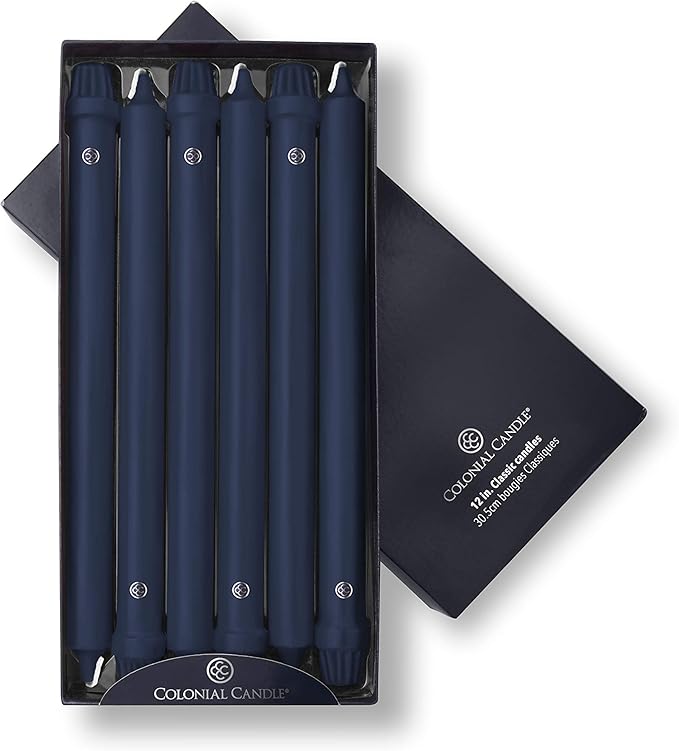 Colonial Candle Unscented Taper Candle, Classic Collection, Indigo, 12 In, Pack of 12 - Up to 10 Hours Burn