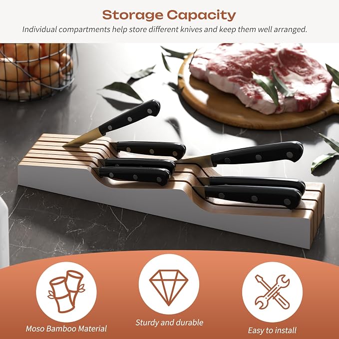 In-Drawer Knife Block Organizer - Bamboo Wood Drawer Knife Organizer-Protecting Knife Organizer Block (Not Included) (White, 7 Knives Dock)