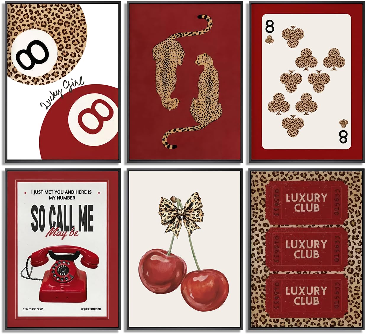 6Pcs Red Trendy Leopard Wall Art Funky Lucky 8 Ball Poker Painting Pictures Preppy Cherry Bow Wall Decors Y2K Cheetah Posters Print Artworks for Bedroom Dorm Apartment Home Decoration 8x10in Unframed