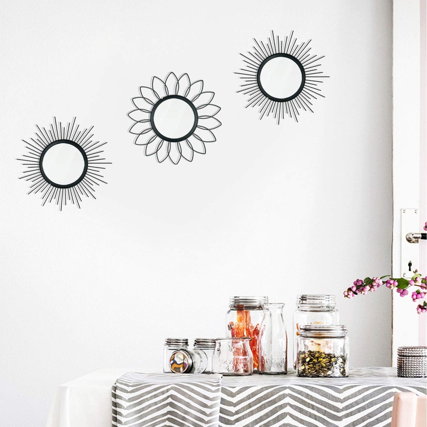 3 Pack Metal Mirrors for Wall Sunburst Wall Mirrors Home Décor Decorative Hanging Wall Art for Living Room Bedroom Entryway (Black, Flower+Sunburst)
