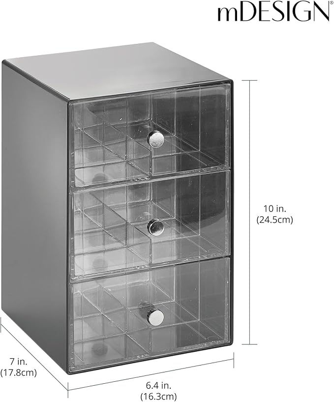 mDesign Plastic Wide Kitchen Pantry, Cabinet, Countertop Organizer Storage Station, 3 Drawers for Coffee, Tea, Sugar Packets, Sweeteners, Creamers, Drink Pods, Packets; 18 Sections, Dark Gray/Clear