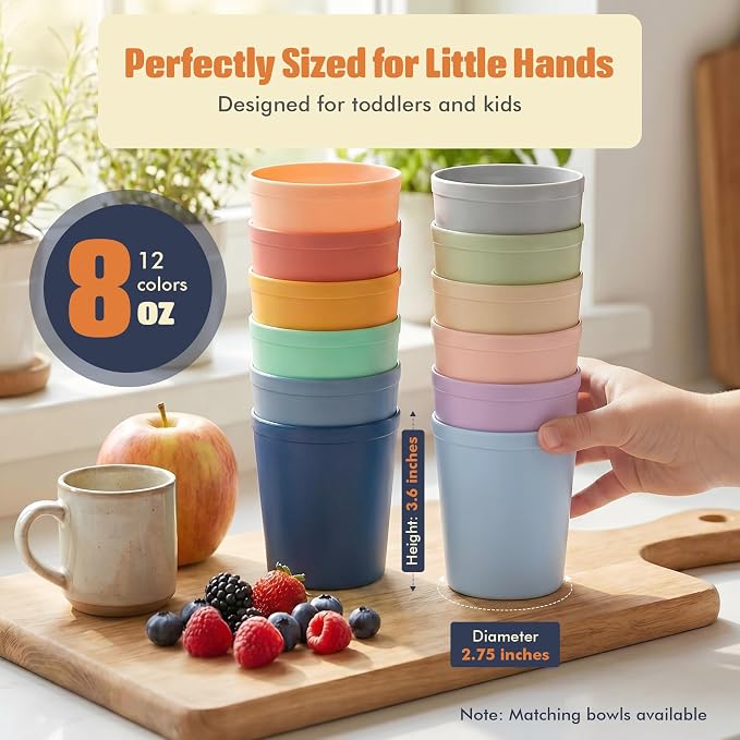 MASTERCOOK 12 Pcs. Small Reusable Cups –8 oz Unbreakable Drinking Glasses -Toddler Cups for Water, Juice, Milk–BPA Free Stackable Tumblers Plastic Cup set for Kitchen, Picnics, Parties- Kid-Friendly