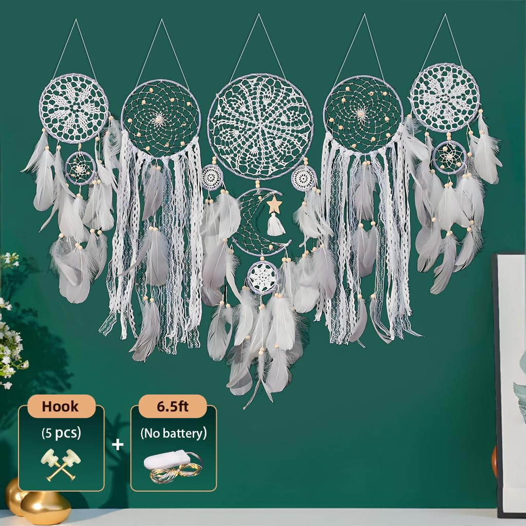 Handcrafted Dream Catcher Wall Decor Set, 5 Pieces, Round Shape, 10 Inch Diameter, Cotton and Feather, Art Deco Style, Moon and Star Design, Indoor Hanging Ornaments (5, White)