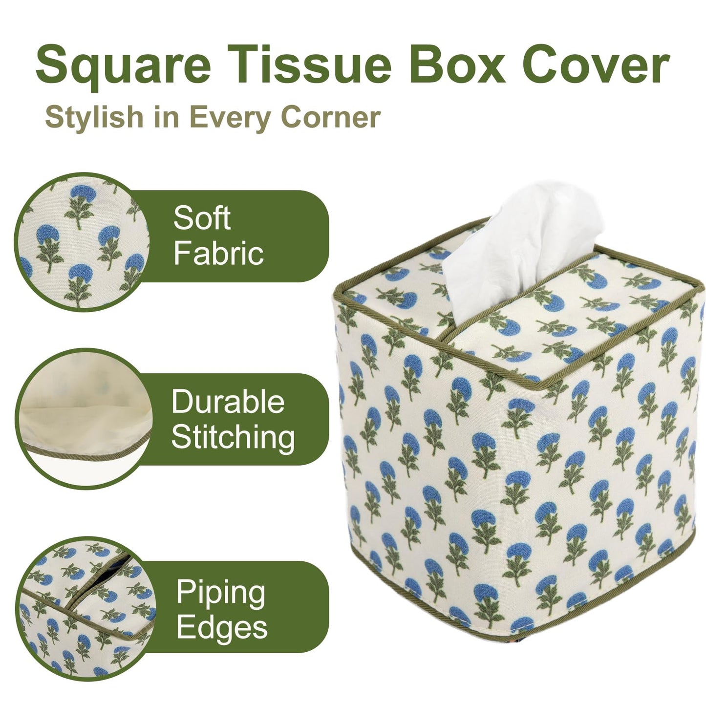 3Pcs Blue Flower Cotton Tissue Box Cover Hand Block Printed 5" x 5" x 5.5" Square Soft Reusable Floral Napkin Holder for Home Kitchen Dining Bathroom Office Cafe (Blue)