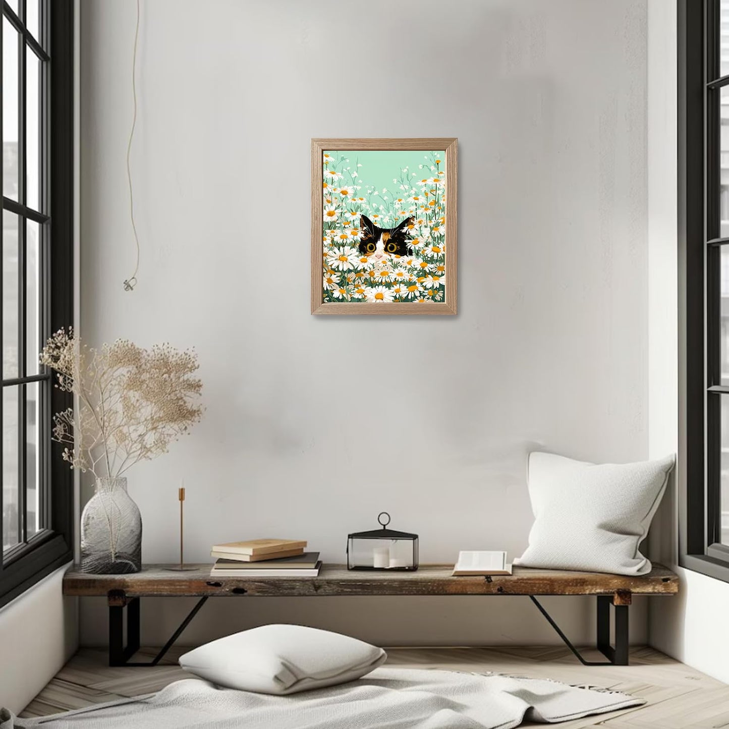 Cat Wall Decor Framed Cute Calico Cat Daisy Wall Art Flower Print Poster Whimsical Pet In White Floral Kitten Decor For Bedroom Nursery