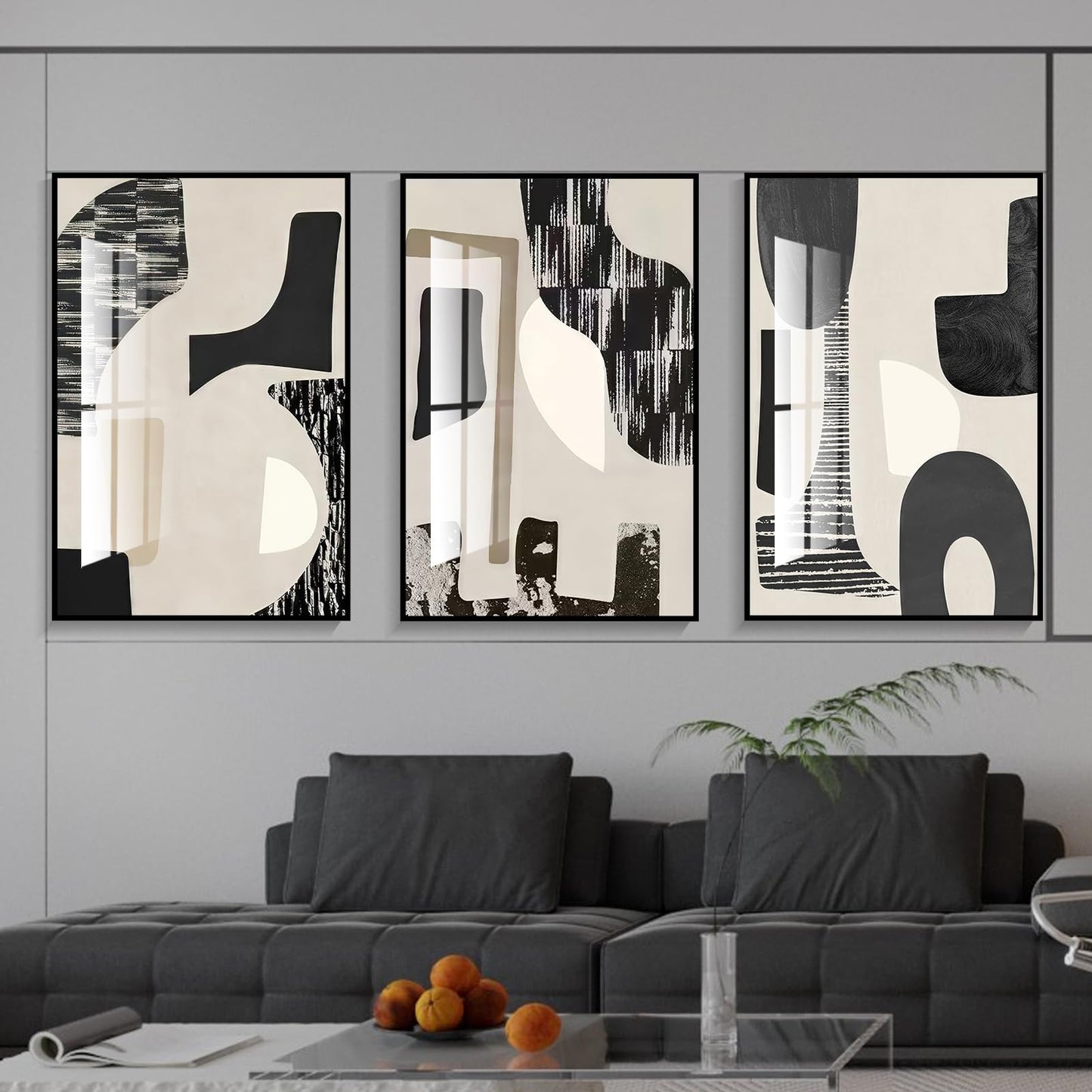 QKF Modern Abstract Wall Art Large Geometric Black and White 3 Piece Canvas Painting for Living Room Contemporary Wall Decor with High Gloss Finish 16x24 Inches Set
