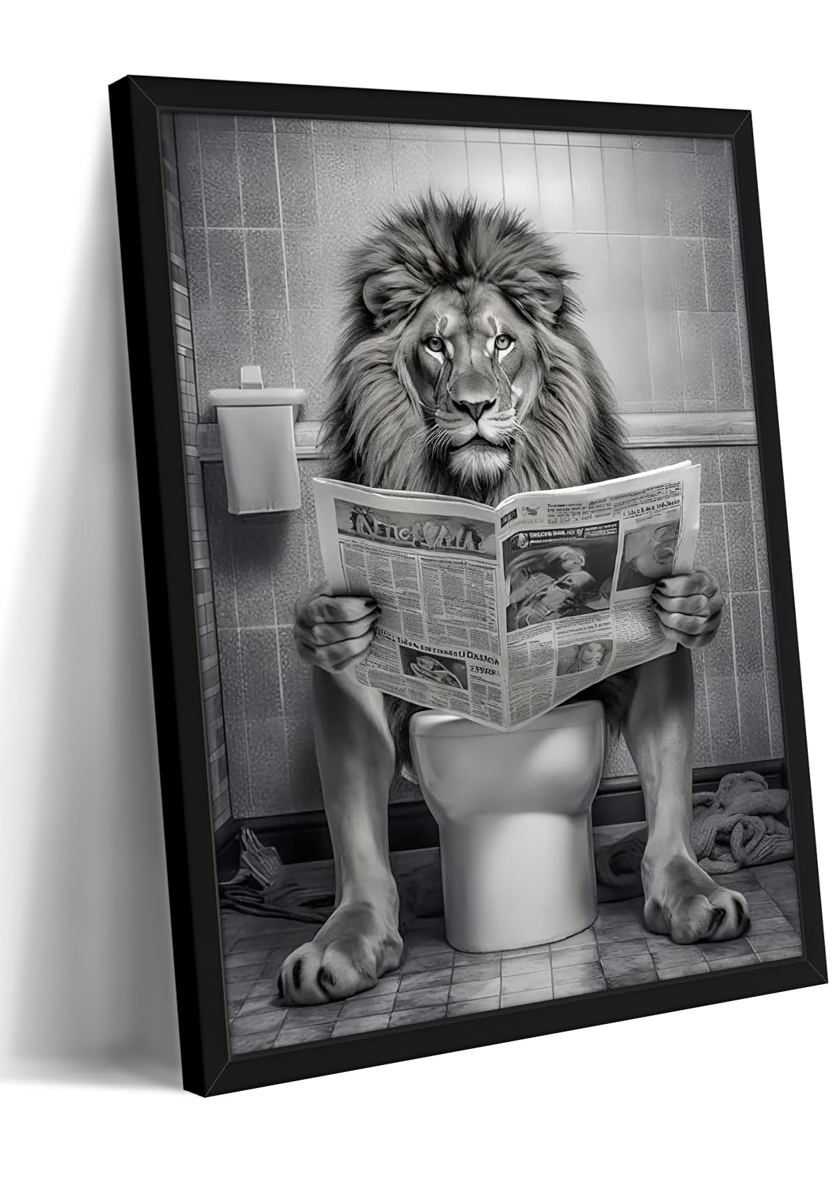 Funny Lion Bathroom Wall Art, Black and White Lion in Toilet Wall Decor, Humorous Animal Restroom Poster Canvas Painting Prints Artwork 8x10 inch Framed