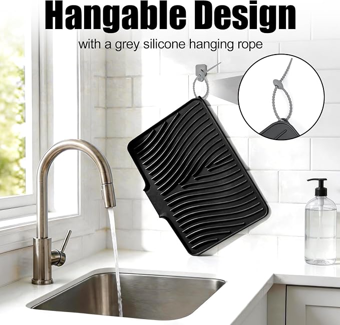 TIKNIK Silicone Dish Drying Mat for Kitchen Counter - Heat Resistant & Non-Slip Dish Drain Pad with Built-In Drain, Dishwasher Safe, Quick-Dry, Hangable & Roll-Up for Storage, Black-1pc, 20" x 15"