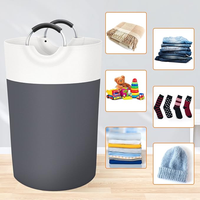 BlissTotes 115L Laundry Basket, Freestanding Laundry Hamper, Collapsible Dirty Clothes Hamper, Waterproof Fabric with Foam Protected Aluminum Handles for College, Dorm, Family (Gray)