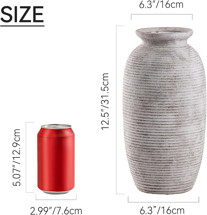 Ceramic Flower Vase, 12.5" Large Vases Home Decor Rustic Farmhouse Tall Pottery Decorative Pampas Vase for Table Living Room Entryway Mantel Bookshelf Bedroom Bathroom Kitchen - D