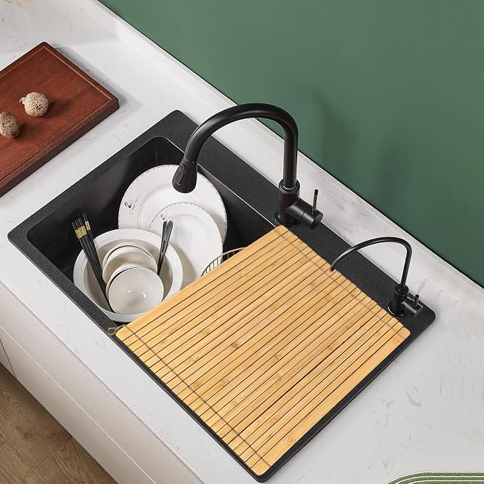 Over Sink Drainer Rack, Bamboo Roll up Dish Drying Rack Multipurpose Dish Drainer Counter Space, Over The Sink Dish DryingRack for Draining Dish, Glass, Vegetables, Fruits