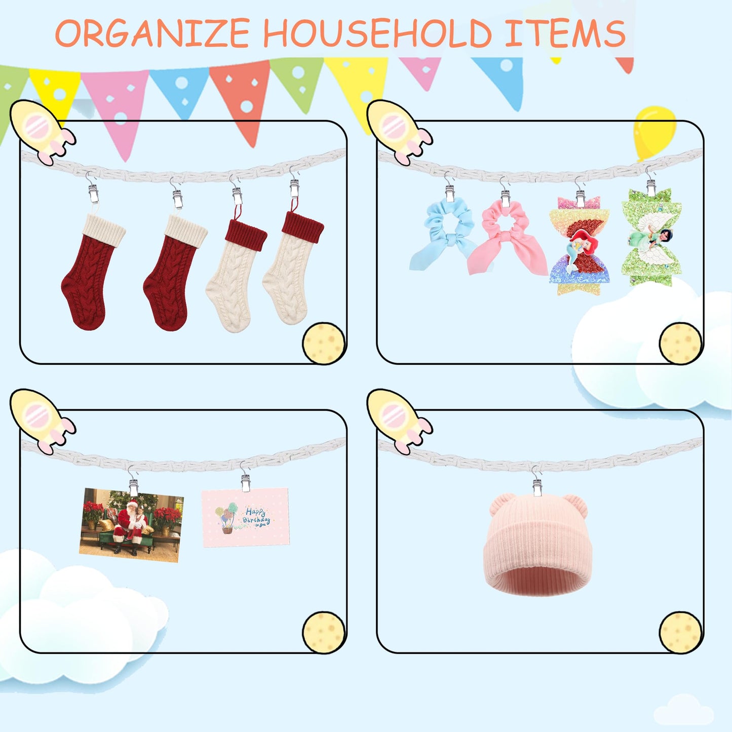 LONCHDAN 80" 2 Pack Cotton Hanging Storage Chain for Stuffed Animals Storage with 40 Metal Clips Stuffed Animal Organizer Chain for Wall Corner Nursery Play Room
