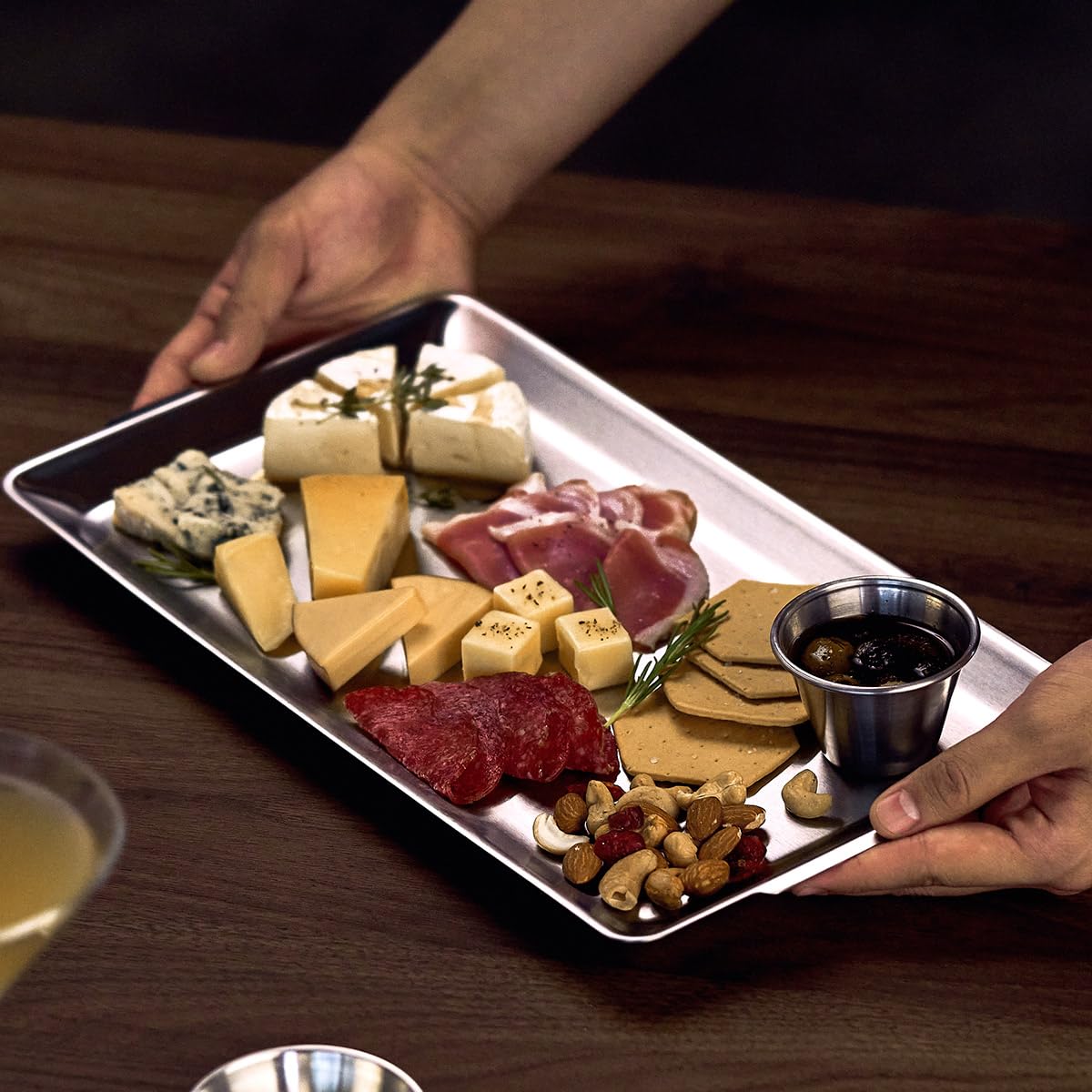 Wagensteiger SUS304 Stainless Steel Serving Platters, Rectangle Metal Dinner Plate with Handles, Decorative Tray, Lightweight, Cheese Board, Oven Safe (14.17 x 7.87 inches)