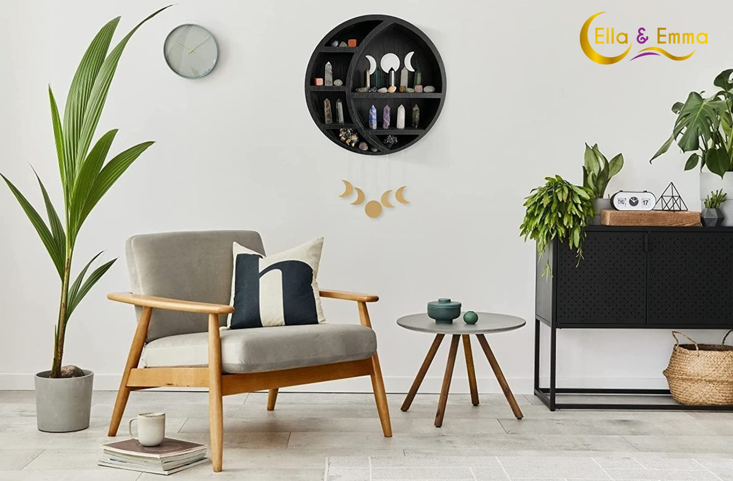 Ella & Emma Wooden Moon Shelf for Crystals - Crescent Moon Crystal Shelf, Storage & Wall Hanging Shelves for Bedroom Aesthetic, Moon Phase Wall Decor & Crystal Display Shelf, Pinewood, Black