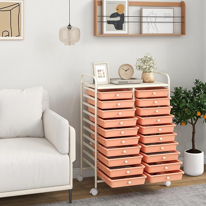 Giantex 20 Drawers Rolling Cart, Mobile Storage Drawer Cart, Classroom Organizer for Office School Supplies Tools Scrapbook Paper Craft Small Printer, Utility Stand on Wheels, Peach