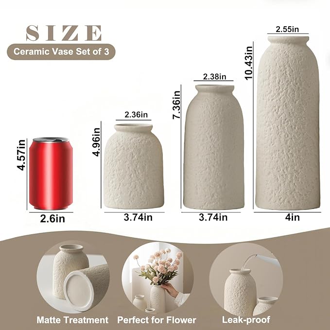 Large Decorative Ceramic Vase Set, 3 Pieces, Nordic Modern Boho Style, Berge Color, Modern Farmhouse for Home Decor (XL Beige Texture)