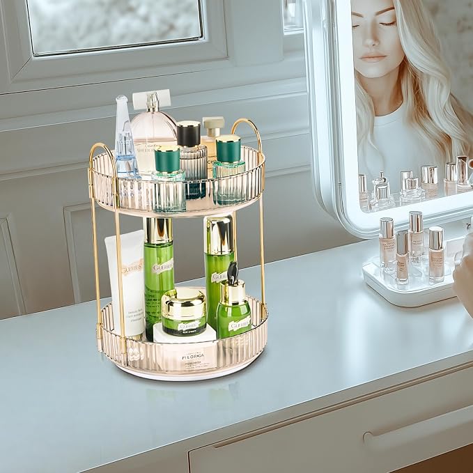 360 Rotating Makeup Organizer - Large Capacity Spinning Perfume & Cosmetic Skincare Holder for Vanity & Countertop (Vibrant Orange, 2 Tier)