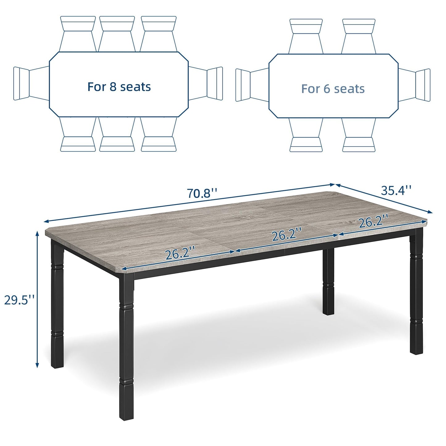 Garvee Large Dining Table for 6-8 People, 71" Wooden Kitchen Table with Sturdy Metal Frame, Dining Room Table for Dining Room, Kitchen, Black Leg & Grey