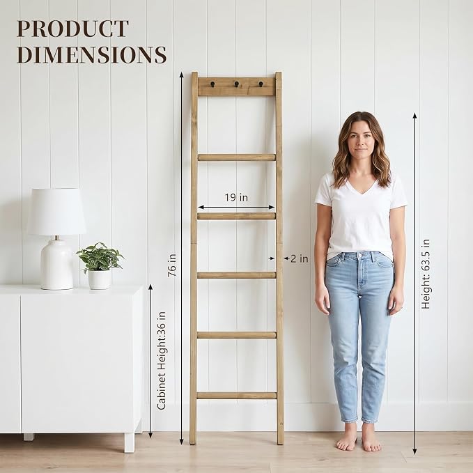 Wooden Blanket Ladder - Natural & Motley Wood - Leaning Wall Decor for Bedroom, Bathroom, Living Room - Rustic Quilt Holder & Towel Rack (Natural Wood Color + Hook, 76in（5-Tier）)