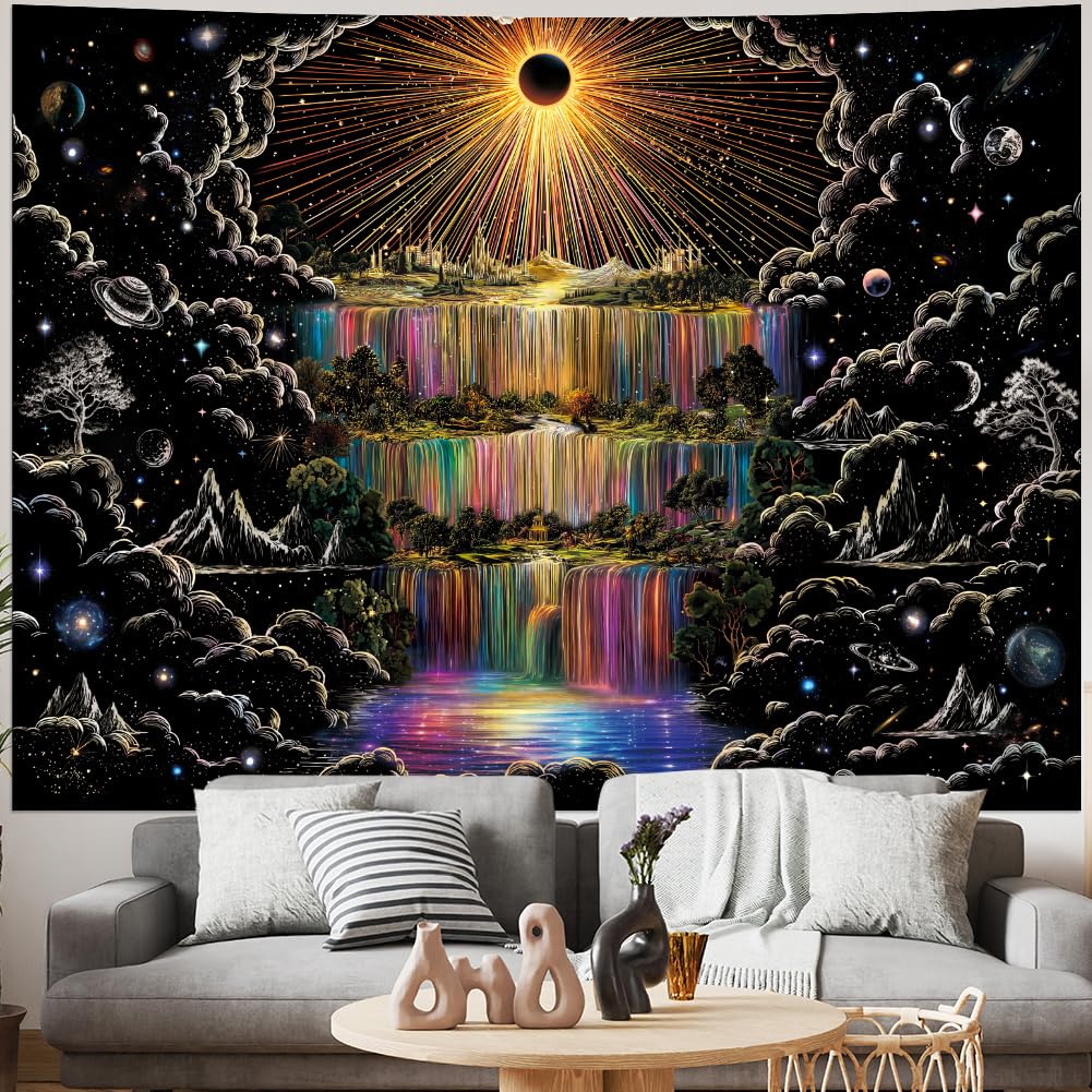 Lahasbja Galaxy Waterfall Tapestry Trippy Sun Wall Hanging Aesthetic Cosmic Space Tapestries Black and White Mountain Forest Trees Wall Decor Hippie Sketched Nature Landscape Backdrop for Bedroom