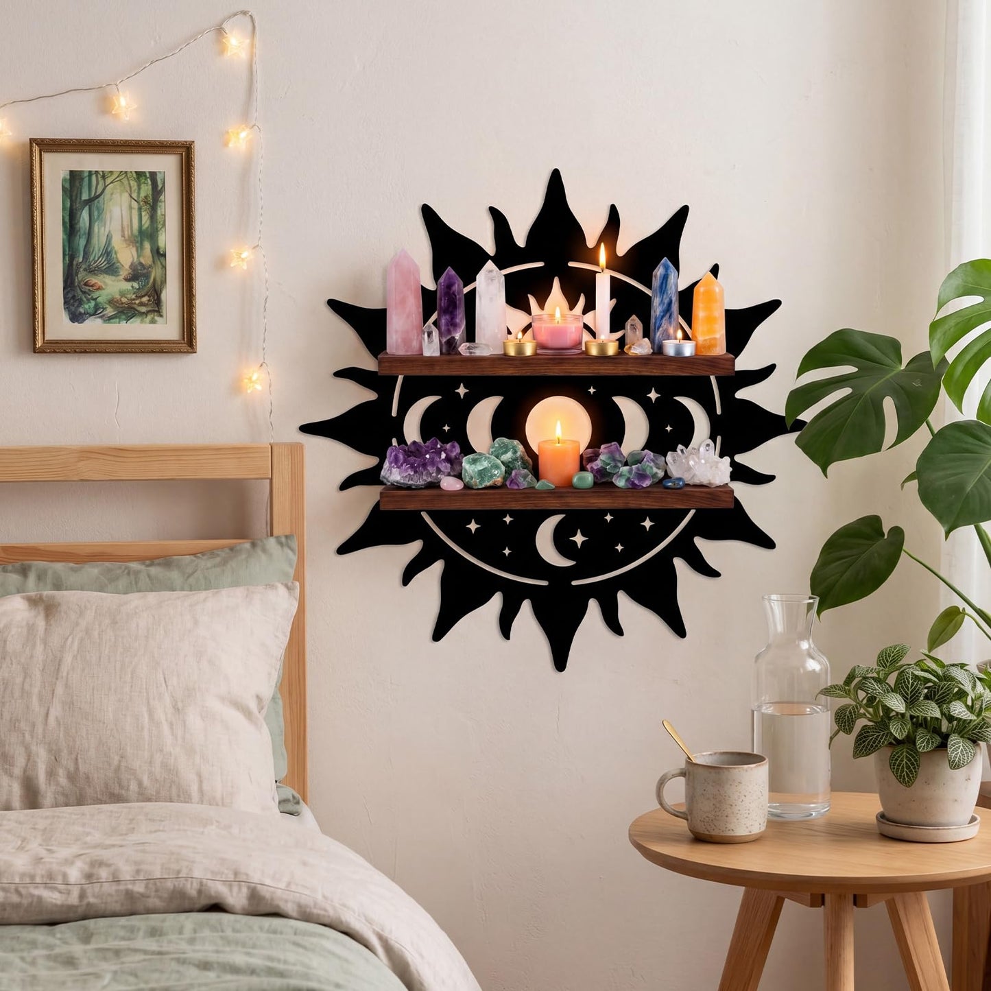 Moxweyeni Crystal Display Shelf for Wall, Wooden Lotus Floating Shelf with Iron Backing Crescent Moon Boho Wall Hanging Storage Organizer Decorative Trinket Holder for Stones Gems Home Décor