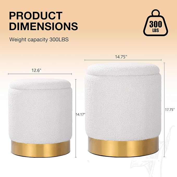 Round Ottoman with Storage Set of 2 Vanity Chair Small Ottoman Coffee Table, Foot Stool, Removable Lid, for Living Room, Bedroom, Hallway, Assembly Free (Sherpa White)