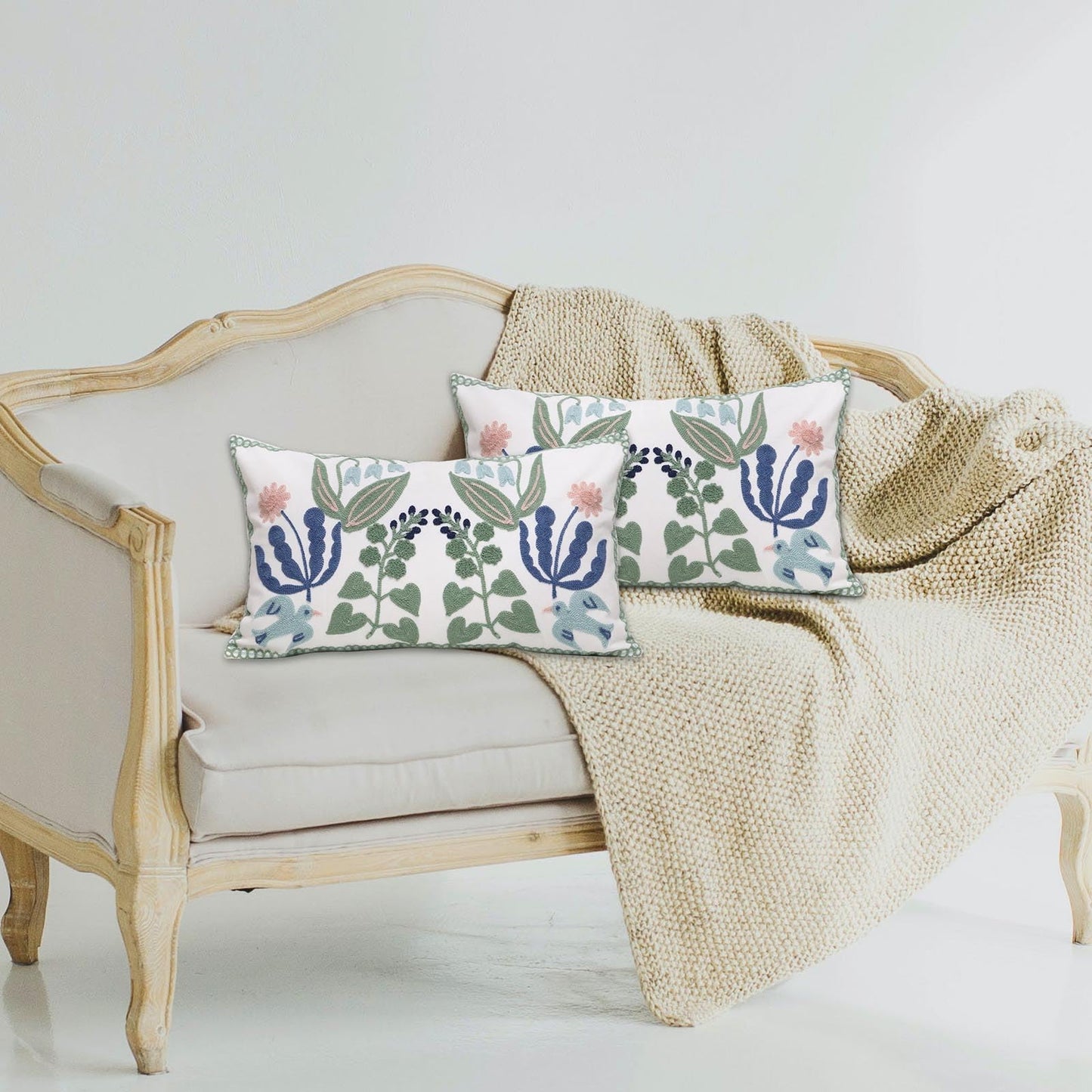 Pilmandu Pack of 2 Embroidered Decorative Throw Pillow Cover 18x18 Inch Farmhouse Floral Pillowcase for Living Room Sofa Bed (Bird Flower-Waist)