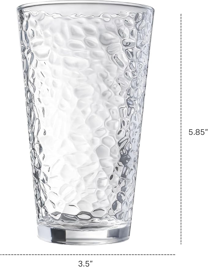 Le'raze Set of 10 Hammered Glass Cups, Clear Heavy Base Drinking Glasses | 16oz, Stackable, Durable, Dishwasher Safe, Freezer Safe, Non Slip, 100% Food Grade, BPA Free, Secure Packaging, Eco-Friendly