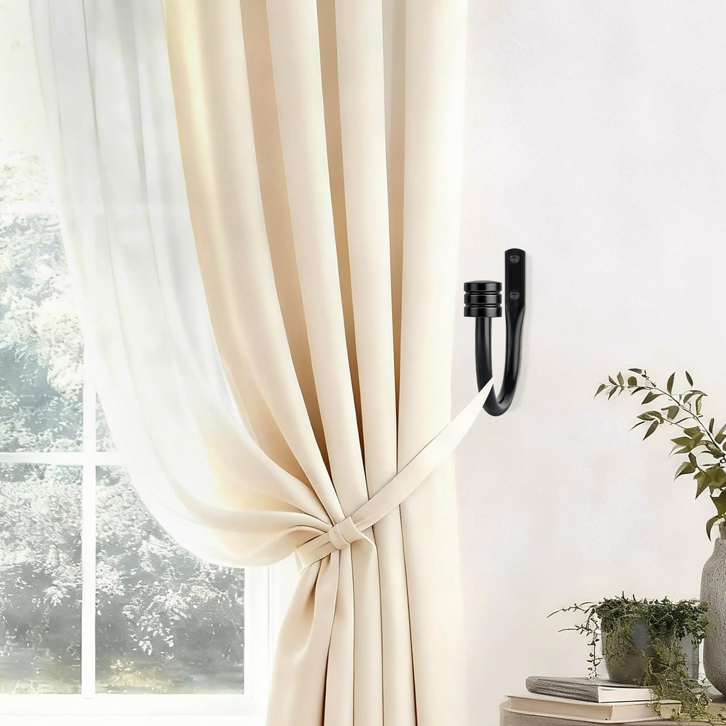 TONIAL Curtain Holdbacks, Home Decor Curtain Tiebacks Wall Mounted with Small Classic Cap Finials, Black Curtain Hooks for Drapes (1 Pair/2 Pack)