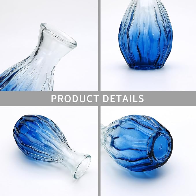 Mapoxy Glass Bud Vases Set of 4,Small Deep Blue Flower Vases for Wedding Centerpiece Table Decorations,Clear Vintage Embossed Mini Vases,Flower Arrangements in Vases for Party or Home Decor