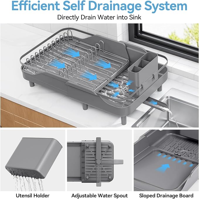 Urackify Expandable Dish Rack for Kitchen Counter,16.14"-23.62" Large Dish Drying Rack with Adjustable Water Spout, Space Saving Dish Drainer with Auto Draining Cutlery Holder, Matte Grey