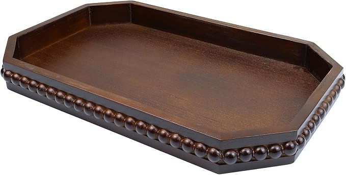 Hrastany Retro Brown Wood Serving Tray with Beads, Farmhouse Decorative Tray for Table Centerpiece, Christmas Wedding Halloween Home Decor