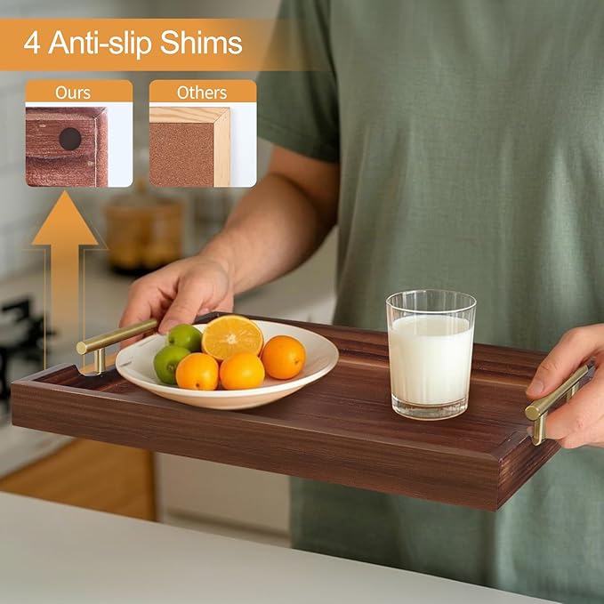 SXNOWS Ottoman Tray, Large Wooden Serving Tray with 2 Sets of Handles for Coffee Table, Rustic Living Room Kitchen Decor, 4 Round Coasters Included, Dark Brown