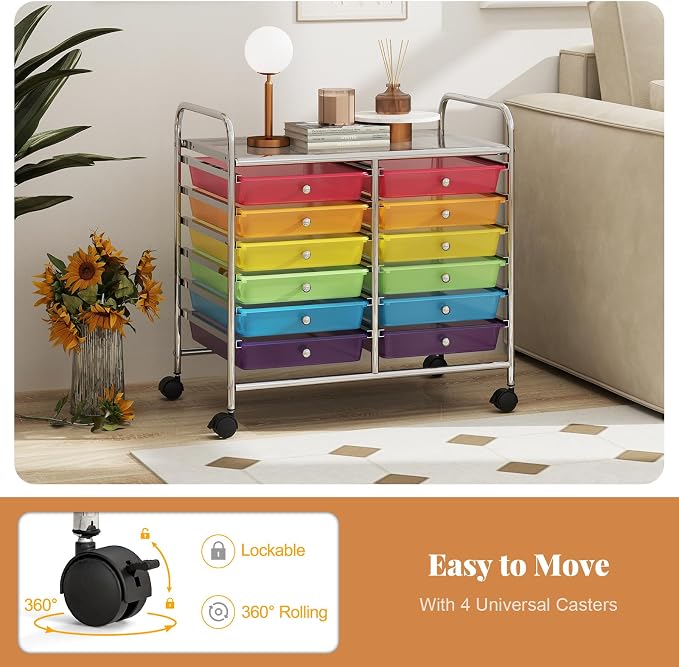 COSTWAY 12-Drawer Rolling Storage Cart, Utility Storage Organizer Cart for Tools, Scrapbook, Paper, Craft, Multipurpose Art Supply Organizer on Wheels for Home Office School, Teacher, Rainbow